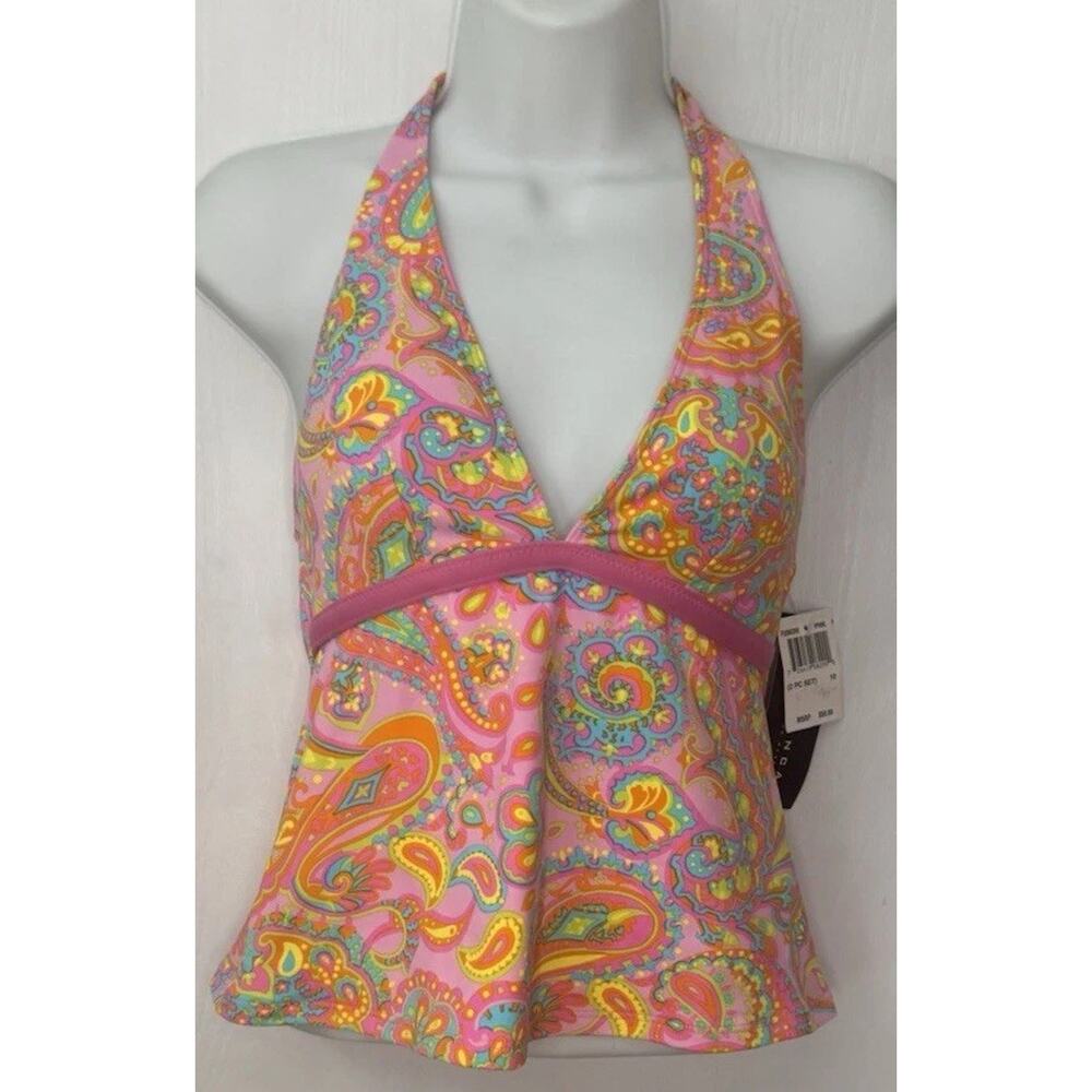 La Blanca Tankini Island Halter Swim Top Women’s Size 10 Pink Paisley V-neck NEW